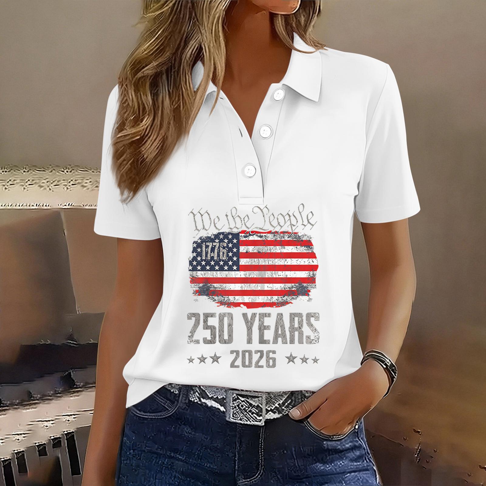 

Women s Casual Short Sleeve Button Up Shirt 250th Anniversary Graphic Print Polo Top for Independence Day Celebration 2026 Commemorative Tee XL білий