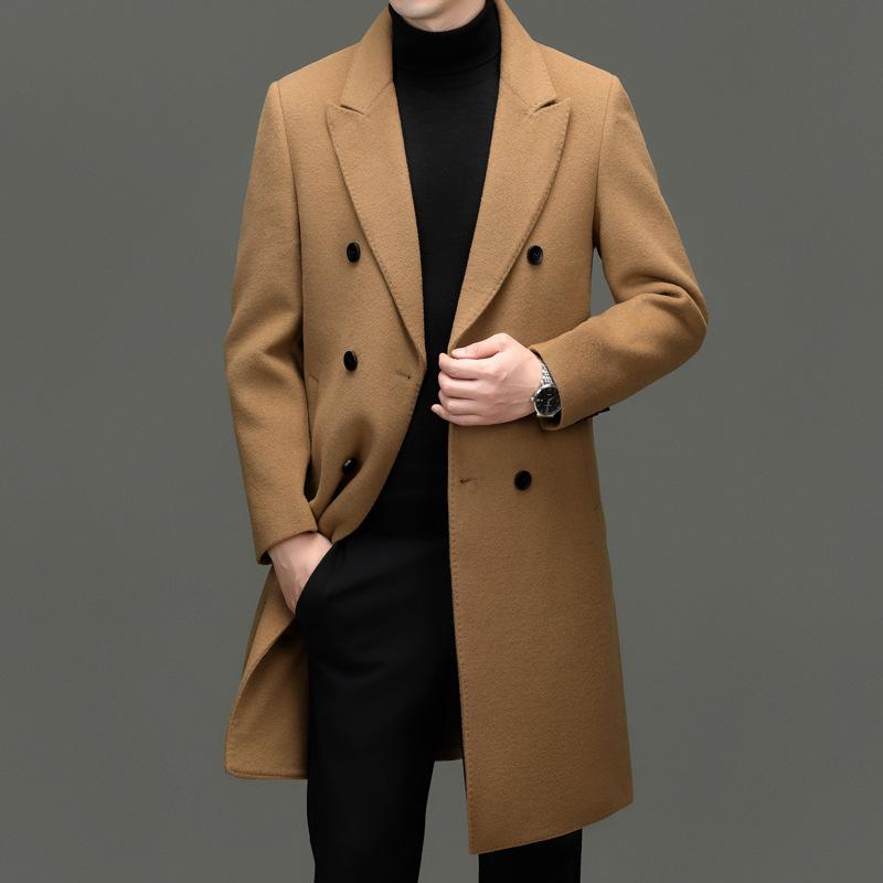 Double-breasted woolen woolen coat men's suit collar mid-length rabbit fur lining winter coat thickened wool windbreaker
