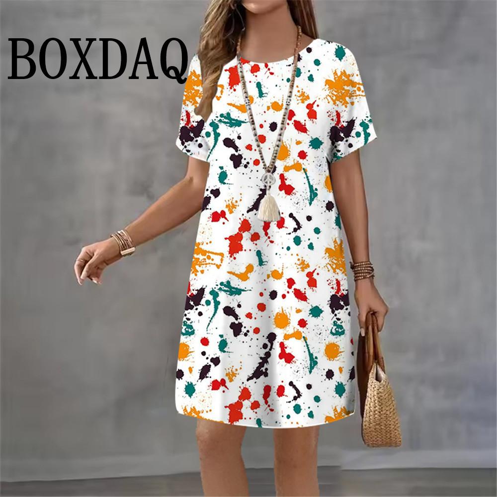 Beach Print Women Dresses Fashion 2026 New Short Sleeve Summer Elegant Loose Casual 3D Print Ladies Dress