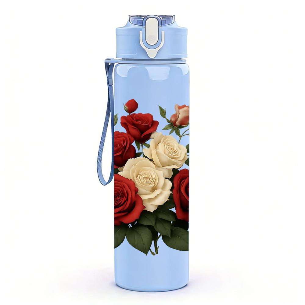 1PC Red White Rose Bouquet 750ml Color Plastic Sports Water Bottle Leakproof Flip Straw Lid For Sports Office Home Use