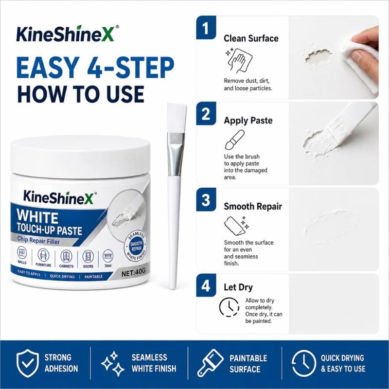 White Furniture Touch-Up Paste with Brush, Instantly Fix Scratches & Dents, Fast Drying Non-Shrinking Home DIY Restoration