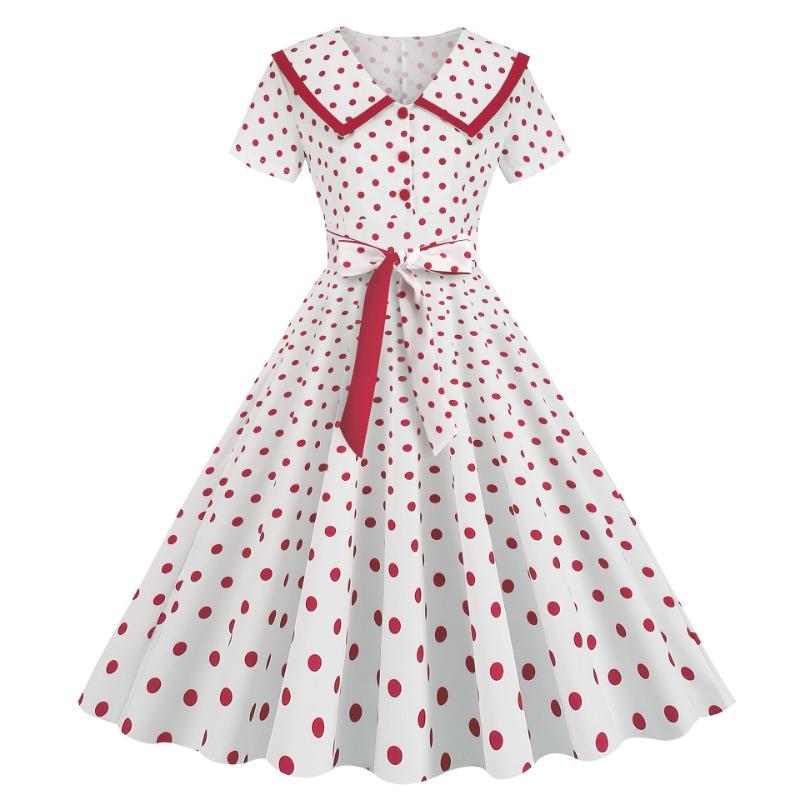 Retro Women's Summer Lapel Short Sleeve Belt Waist Slim Swing Polka Dot Printed Dress