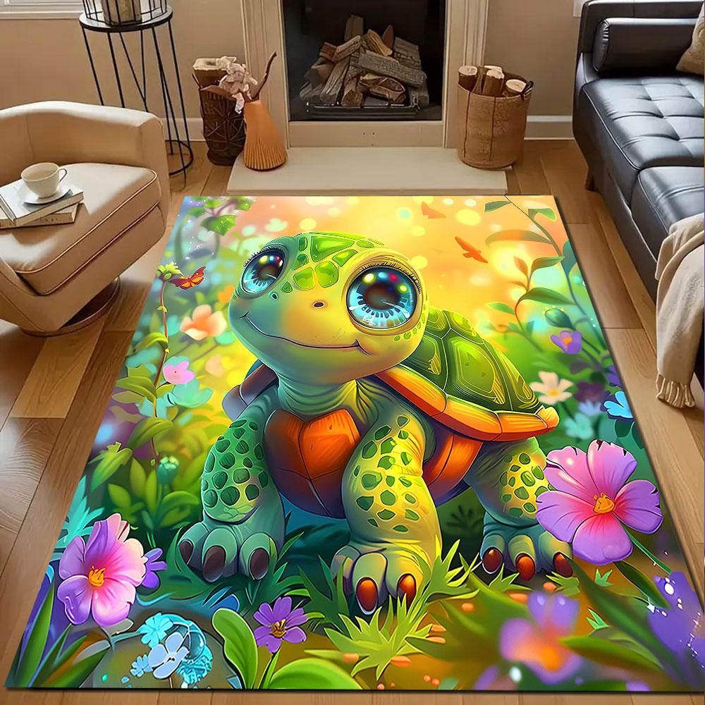 Cute Cartoon Turtle in Vibrant Garden Patterned carpet, non slip mat suitable for living room and bedroom sofas