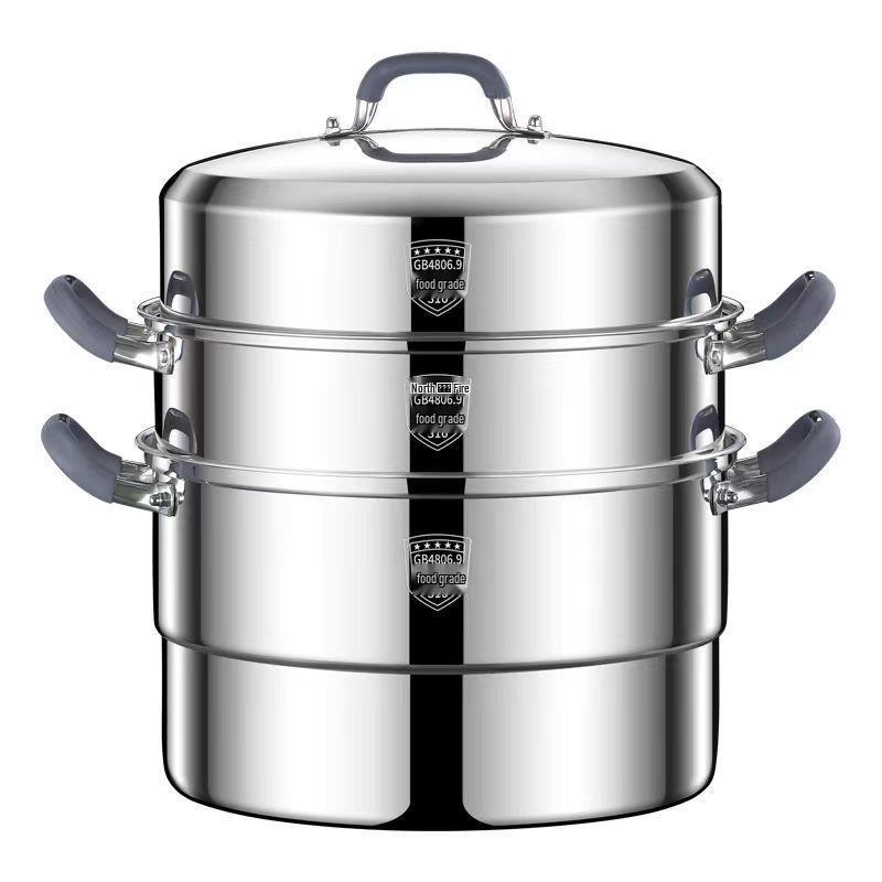 316 Stainless Steel Steamer Pot with Silicone Handle - Large Capacity Multi-layer Stew Basket
