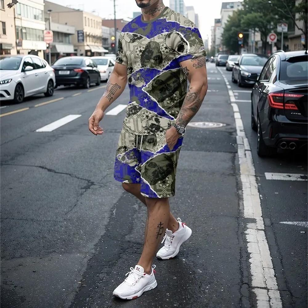 

Новый ретро индивидуальный беговой летний 3D повседневный спортивный мужской комплект, футболка с короткими рукавами + уличные шорты, комплект из двух предметов 6XL