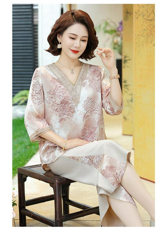 Elegant Summer Outfit: Stylish Short-Sleeve T-shirt & Pants Set for Middle-aged and Elderly Women, Plus Size Available