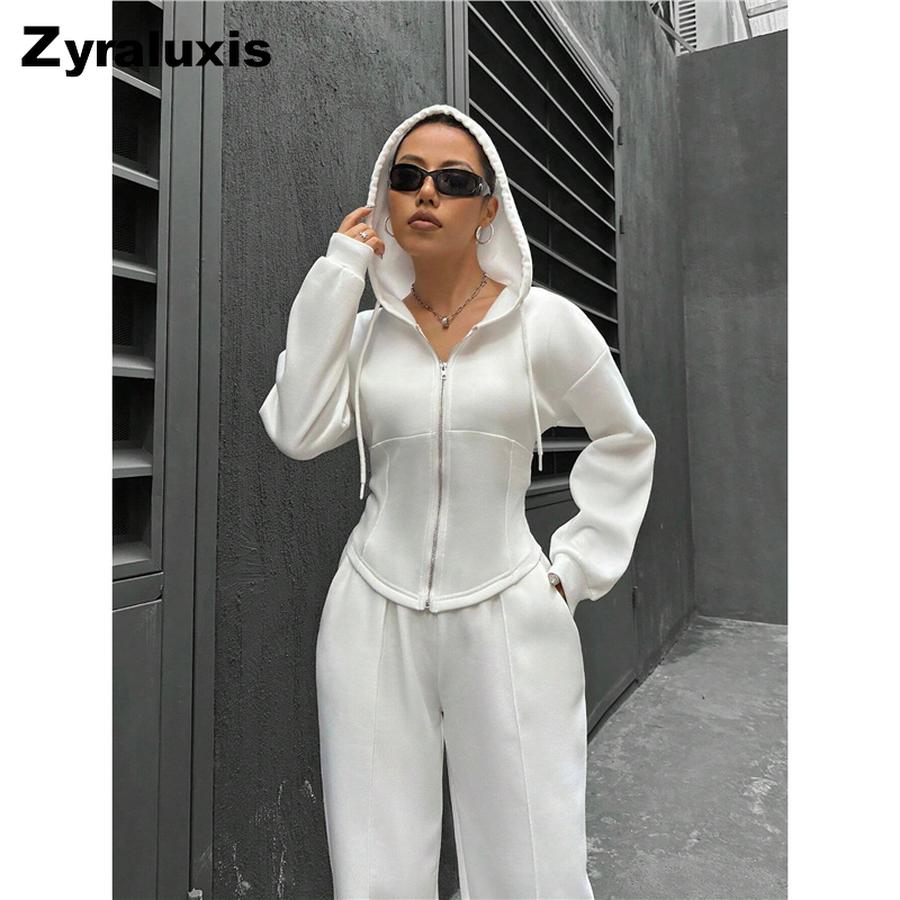 Fall Winter Women's Hoodie Cardigan Slim Fit Sweatpants Casual Wide Leg Set