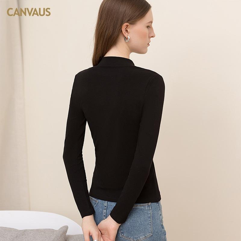 CANVAUS Herbstliches, kleines, hochgeschlossenes, schwarzes Reißverschluss-Oberteil aus europäischer und amerikanischer Baumwolle mit langen Ärmeln und schmalem Schnitt