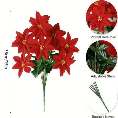 1Branch Artificial Christmas Flowers 7 Heads Red Faux Poinsettia Bushes Gorgeous Christmas Flower Bouquet for Home Party Decor