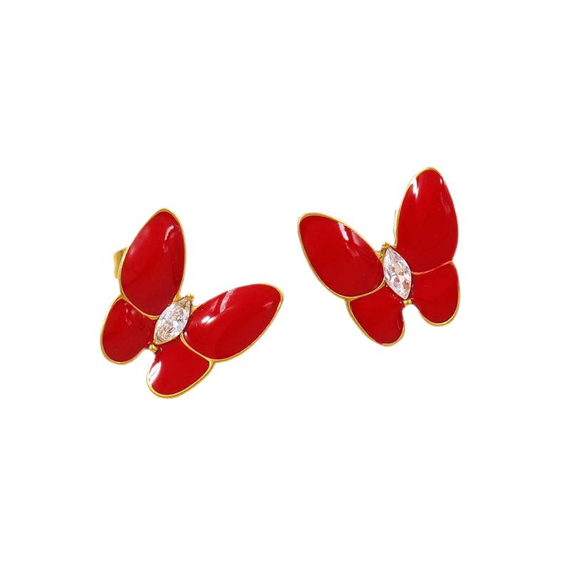 Enamel Drip Butterfly Stud Earrings for Women, Fashionable High-End Stainless Steel PVD Gold, Versatile Retro Design.