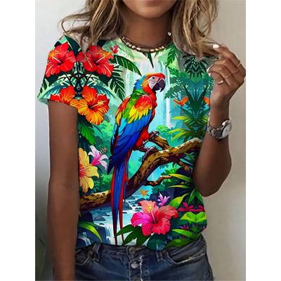 Summer Parrot Print T-Shirt for Women Crew Neck Casual Top Breathable & Machine Washable