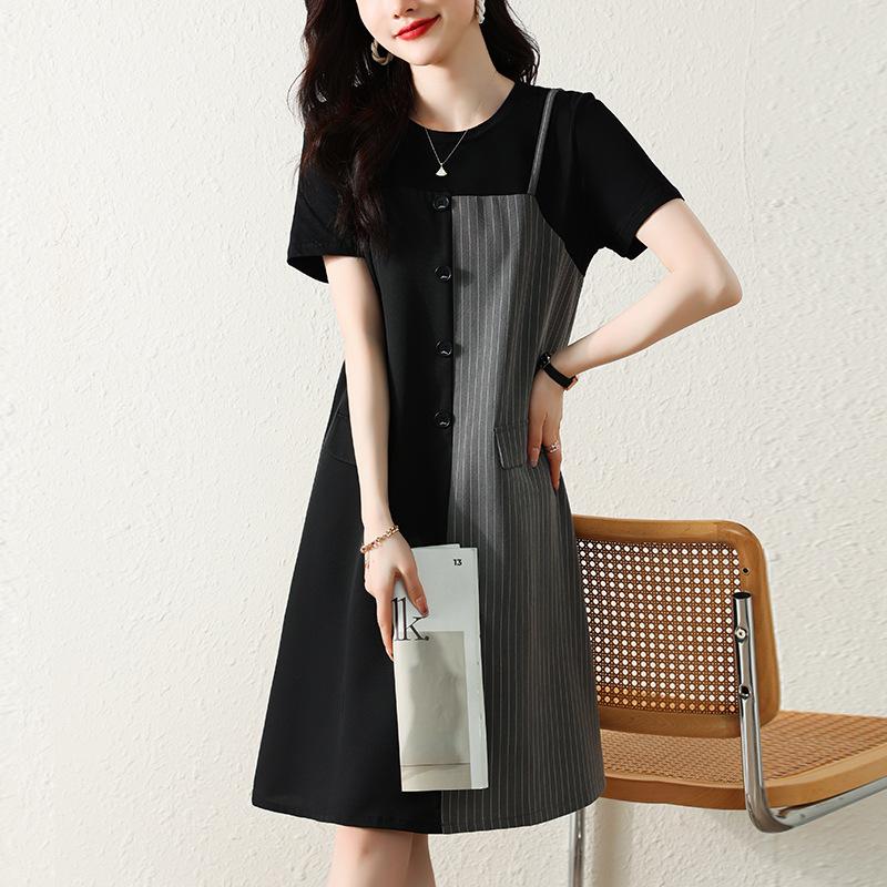 Women's summer new fashion simple splicing fake two loose casual fashion dress
