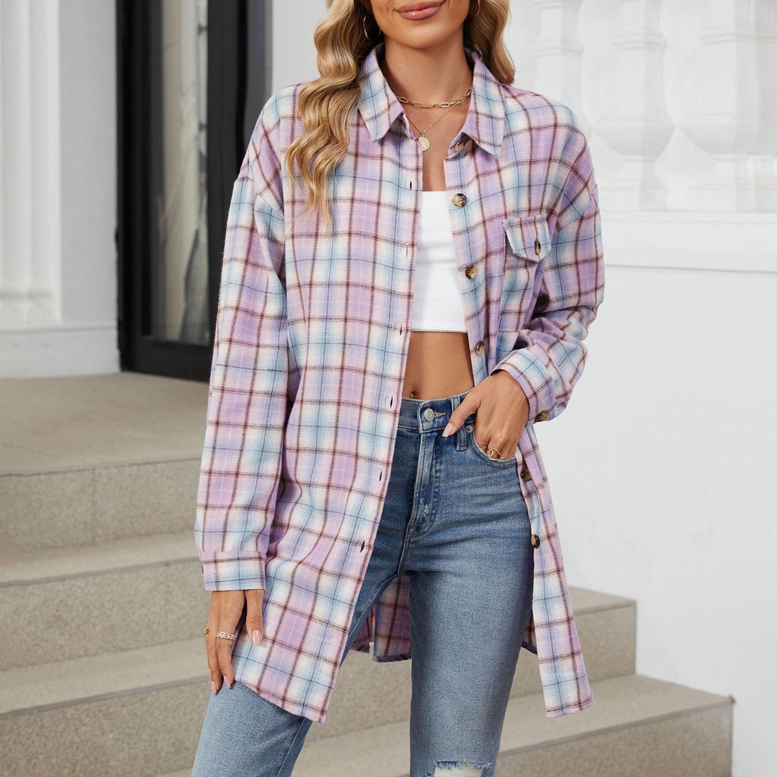 

Женская модная широкая клетчатая куртка-рубашка с длинными рукавами и карманами на пуговицах XL фиолетовый