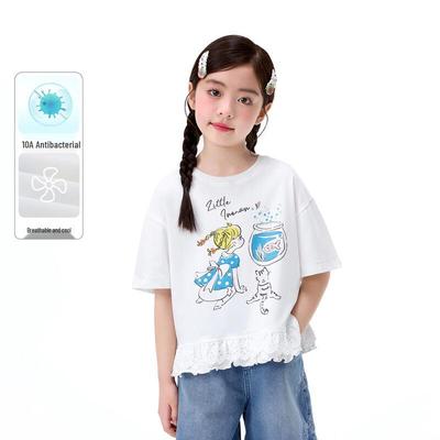Girls' Antibacterial Cartoon Print Short Sleeve T-Shirt