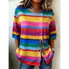 Women's Spring Summer 3D Printed Button Front Drawstring Loose Art Blouse, Blue Pink Yellow Color Vertical Line Square Print Top