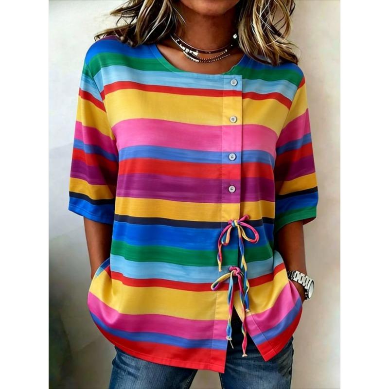 Women's Spring Summer 3D Printed Button Front Drawstring Loose Art Blouse, Blue Pink Yellow Color Vertical Line Square Print Top