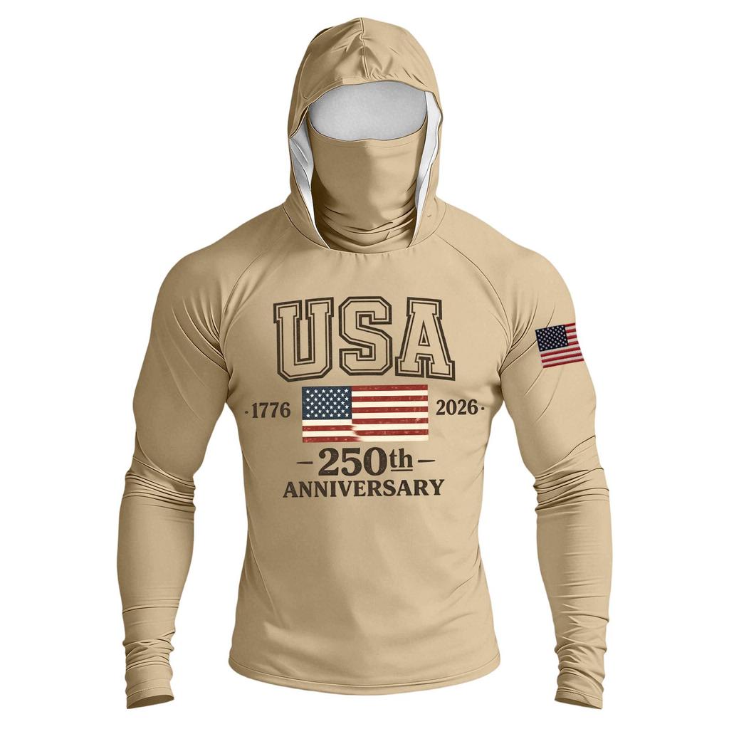 Men's Casual Raglan Sleeve Hooded Long Sleeve Sun Protection Shirt USA 250th Anniversary Graphic Lightweight Performance Top