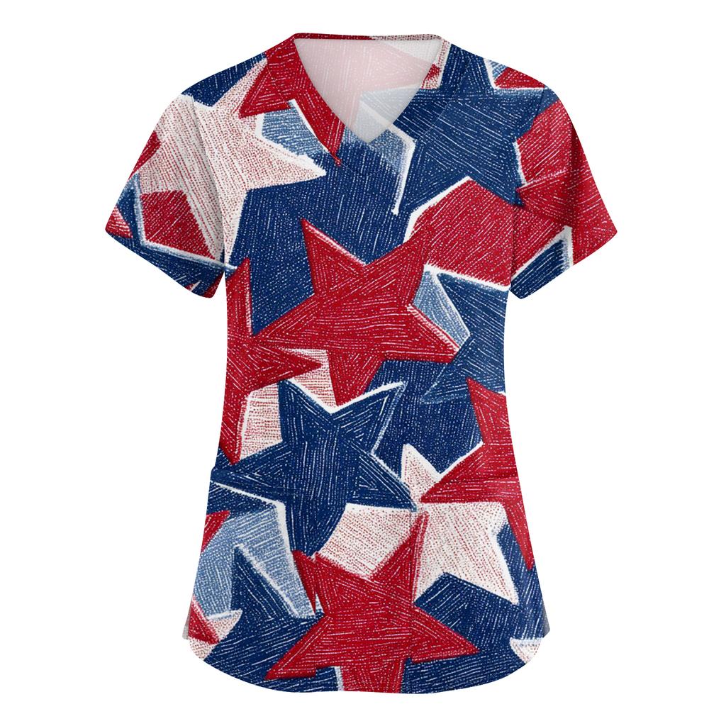 Women's Fashionable V-Neck Short-Sleeved Work Top With Pockets And Independence Day Print  Uniform