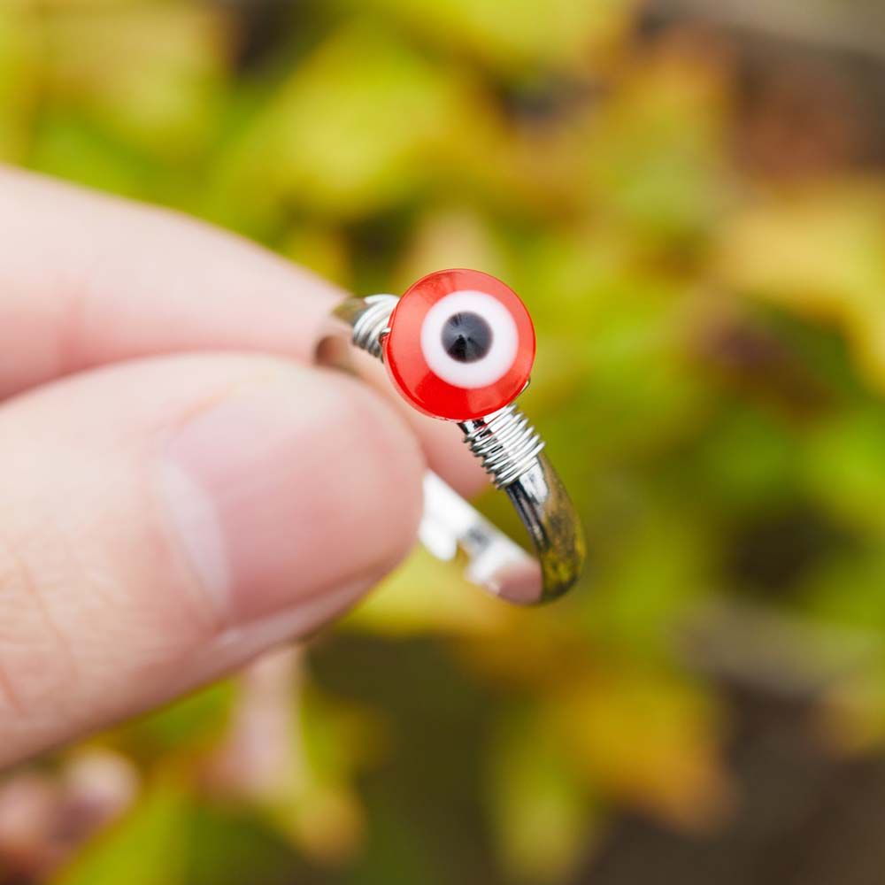 Women Demon Eye Lucky Metal Round Colorful Beads Ring Blue Eye Rings Fashion Jewelry Finger Ring
