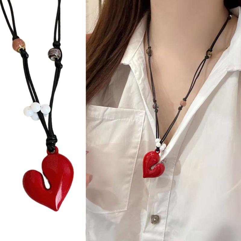 Irregular Love Heart Flower Beaded Pendant Necklace Adjustable Length Neckchain For Women Enamel Craft Jewelry