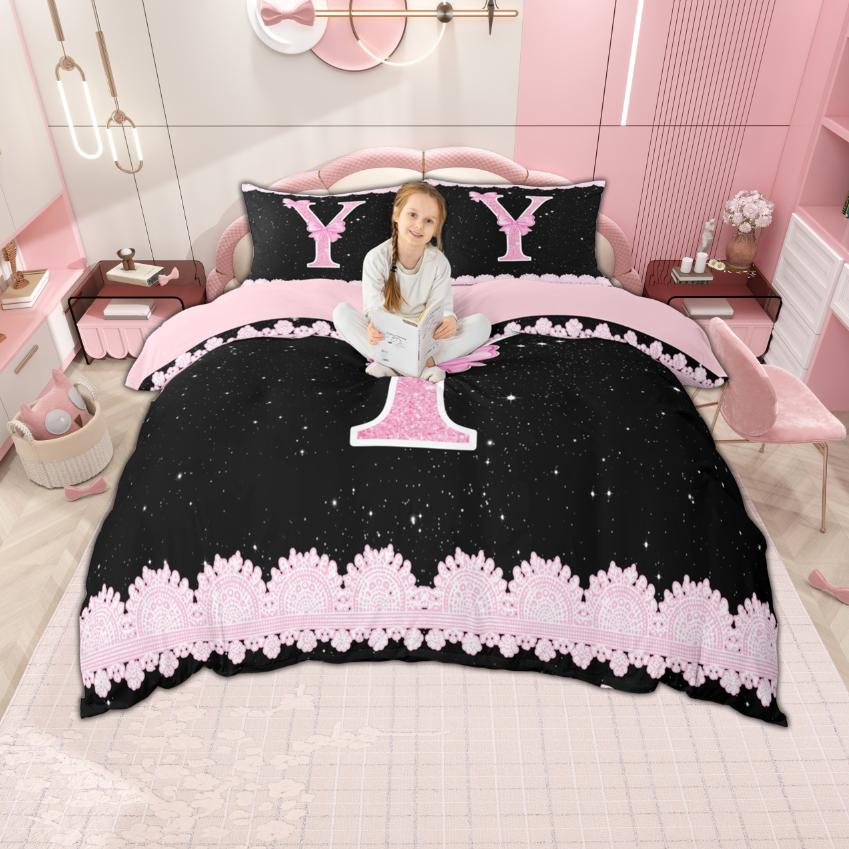 Homewish Personalized Initial M To Z Duvet Cover Set For Girl Black Pink Bedding Set Monogrammed Theme Bedroom Set Room Decor