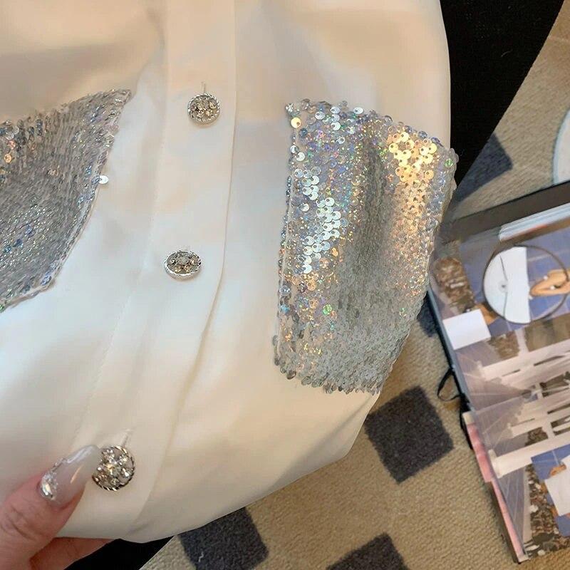 Weißes Hemd mit französischen Spleißen und Pailletten, modische und elegante Langarmbluse für Damen, neue Blusas mit High-End-Feeling