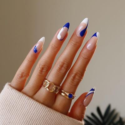 False Nail Manicure Patch French Manicure Blue and White Color Matching Wearing Nail Finished False Nail Direct Supply
