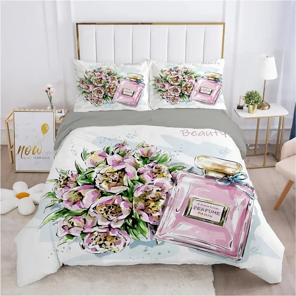 Perfume Floral Duvet Cover Set Pink Makeup Bedding Set With Pillowcase,Girls Women Romantic Fashion Gifts Comforter Cover Set
