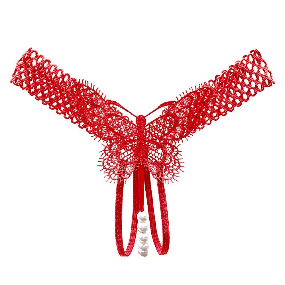 Ecstasy Royal Sister Temptation Hollowed-out Sex Panties Women's Hot Perspective Butterfly Embroidery Flirting Beaded Open Crotch Thong