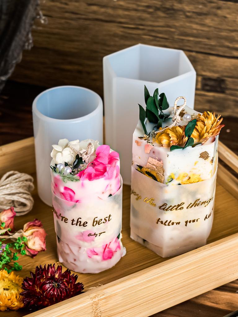 DIY Hexagon Cylinder Shape Candle Silicone Mold Handmade Soap Mould Dried Flower Resin Wax Molds Craft Gift Making Home Decor
