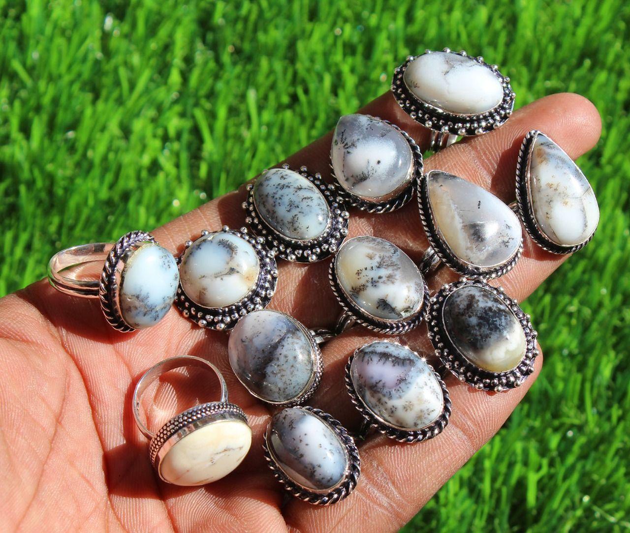 

10шт дендритный опал драгоценный камень 925 пробы посеребренный оптовый лот кольца JOR-R44