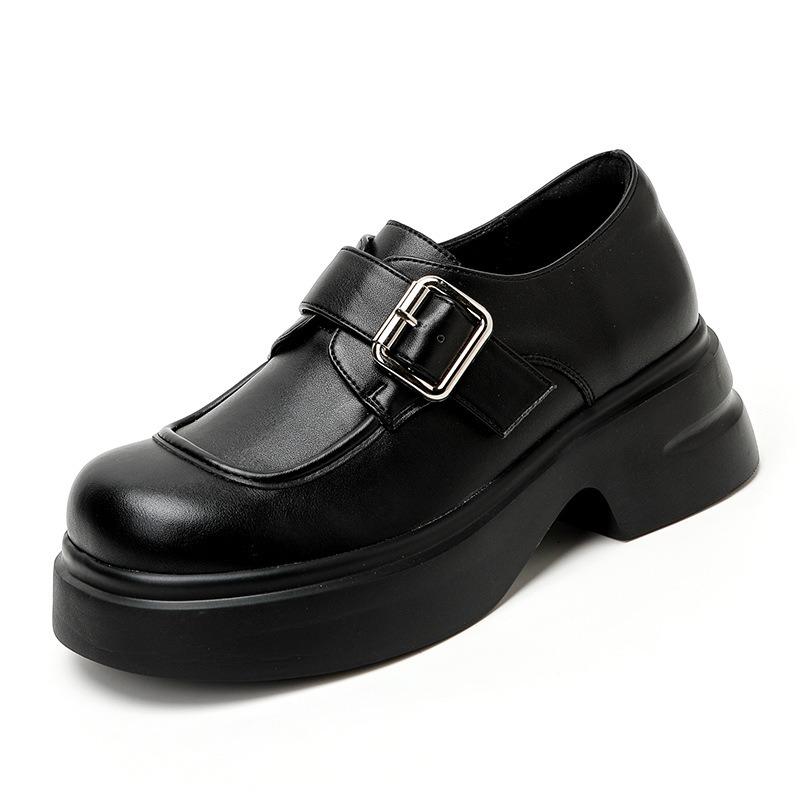 Big head female thick heel muffin thick sole belt buckle round head black derby J uniform small leather shoes