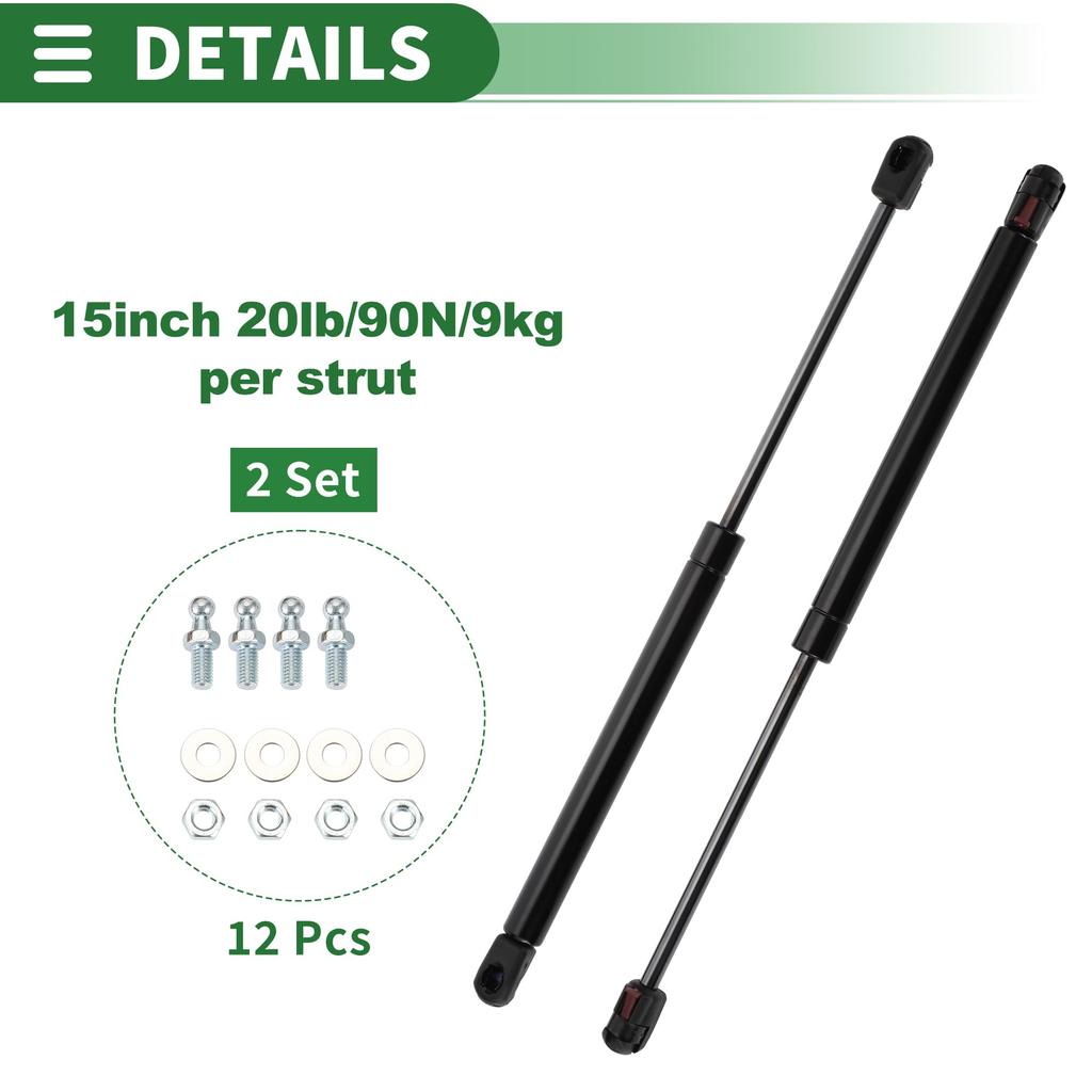 Motoforti Universal Lift Support Struts, 15"/380mm, 20lb/90N/9kg, Black, Set of 2