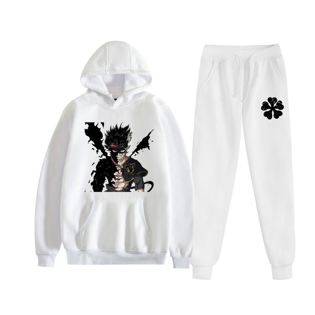 Europe, America, Autumn and Winter Black Four-leaf Clover Peripheral Two-dimensional Men's and Women's Leisure Sports Fleece Hooded Sweater Set 