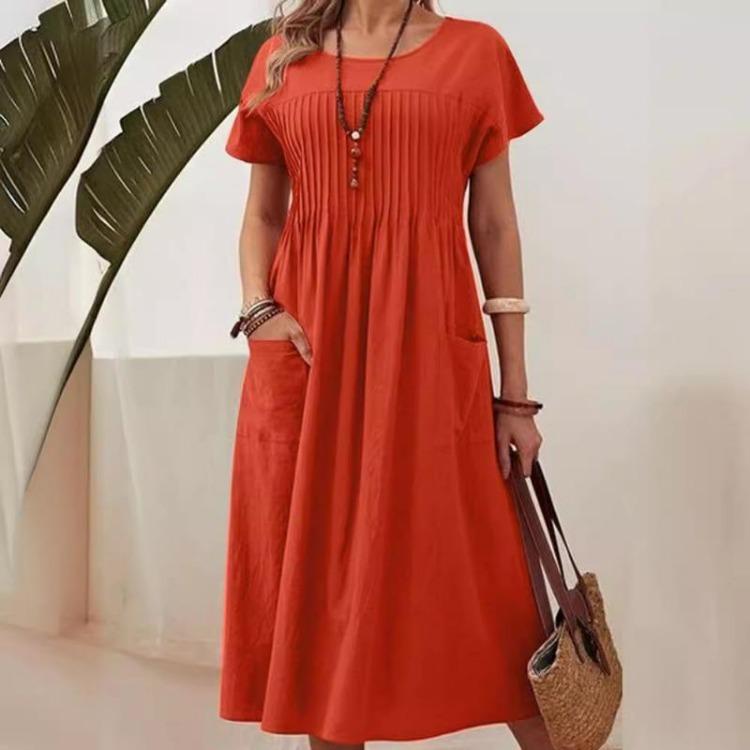 Women's Plus Size Cotton Linen Summer Dress Short Sleeve Round Neck Solid Color Pleated Pocket S-5XL