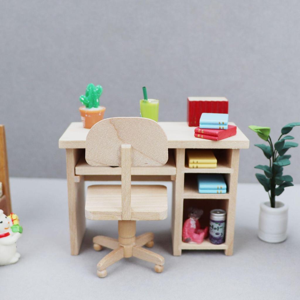 1:12 Miniature Dollhouse Wooden Desk and Chair Set