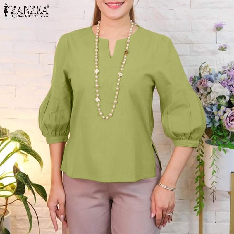 ZANZEA Women Casual V-Neck Solid Color Summer 3/4 Sleeve Blouse