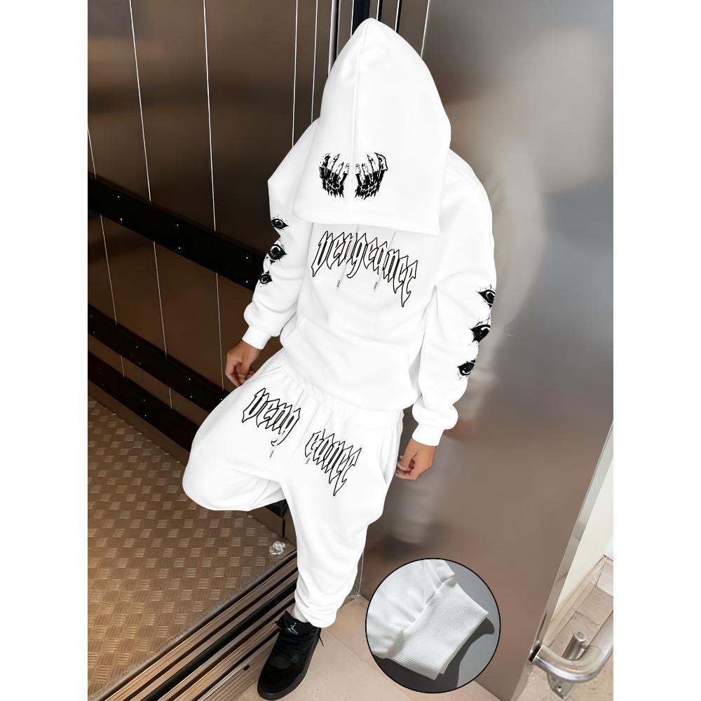 Men's Casual Set 2 Piece Printed Drawstring Pocket Hoodie and Sports Drawstring Pants Set, a Must Have for Fashionable Men