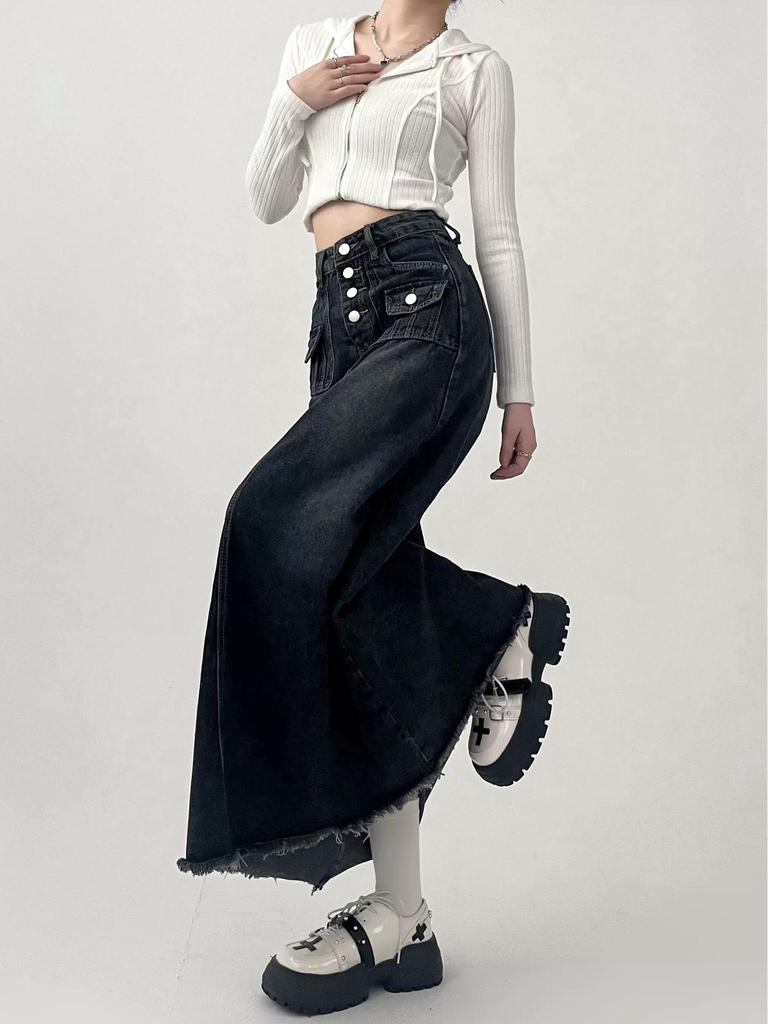 Women's Plus Size High Waist A-line Mid-length Denim Skirt - American Retro Style, Autumn Wear, Raw Edge, Flattering Fit