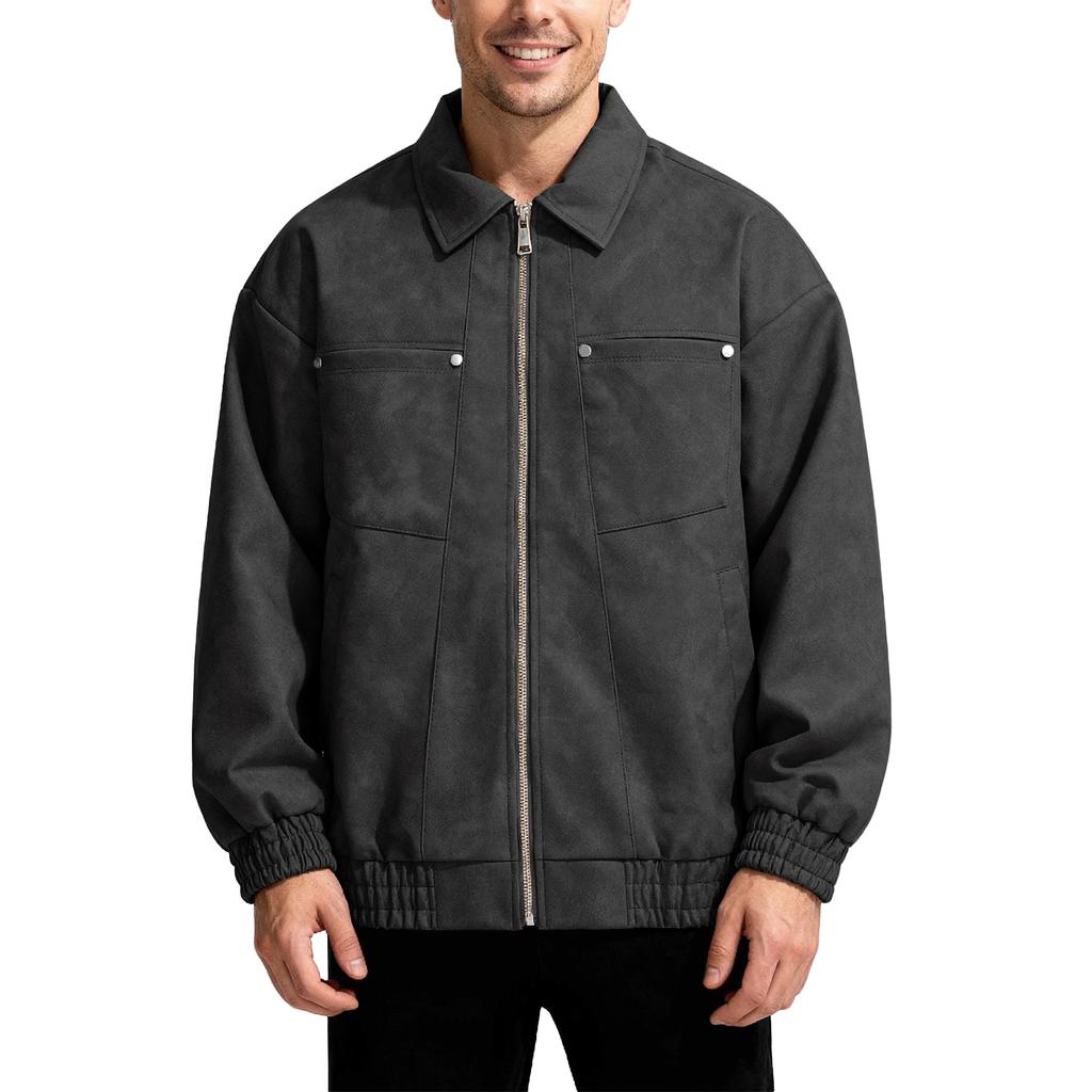 Men's Suede Jacket Oversized Retro Streetwear Zip Up Faux Leather Coat With Turn Down Collar