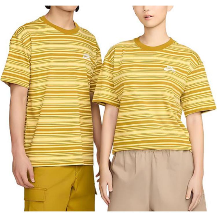 Nike Logo Embroidered Pattern Striped Comfortable Knitted Short Sleeve T-Shirt Unisex Tops Gold FQ3712-716