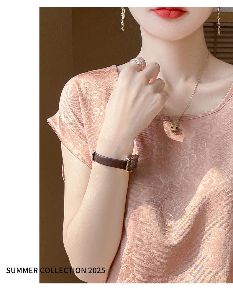 Camiseta de Verano para Mujer de Cuello Redondo y Manga Corta, Holgada y Ajustada, Versátil y Elegante Top Casual