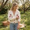 Women's Three-dimensional Cherry Decorated V-neck Knitted Cardigan Sweet Casual Top Commuter French Pastoral Knitted Jacket