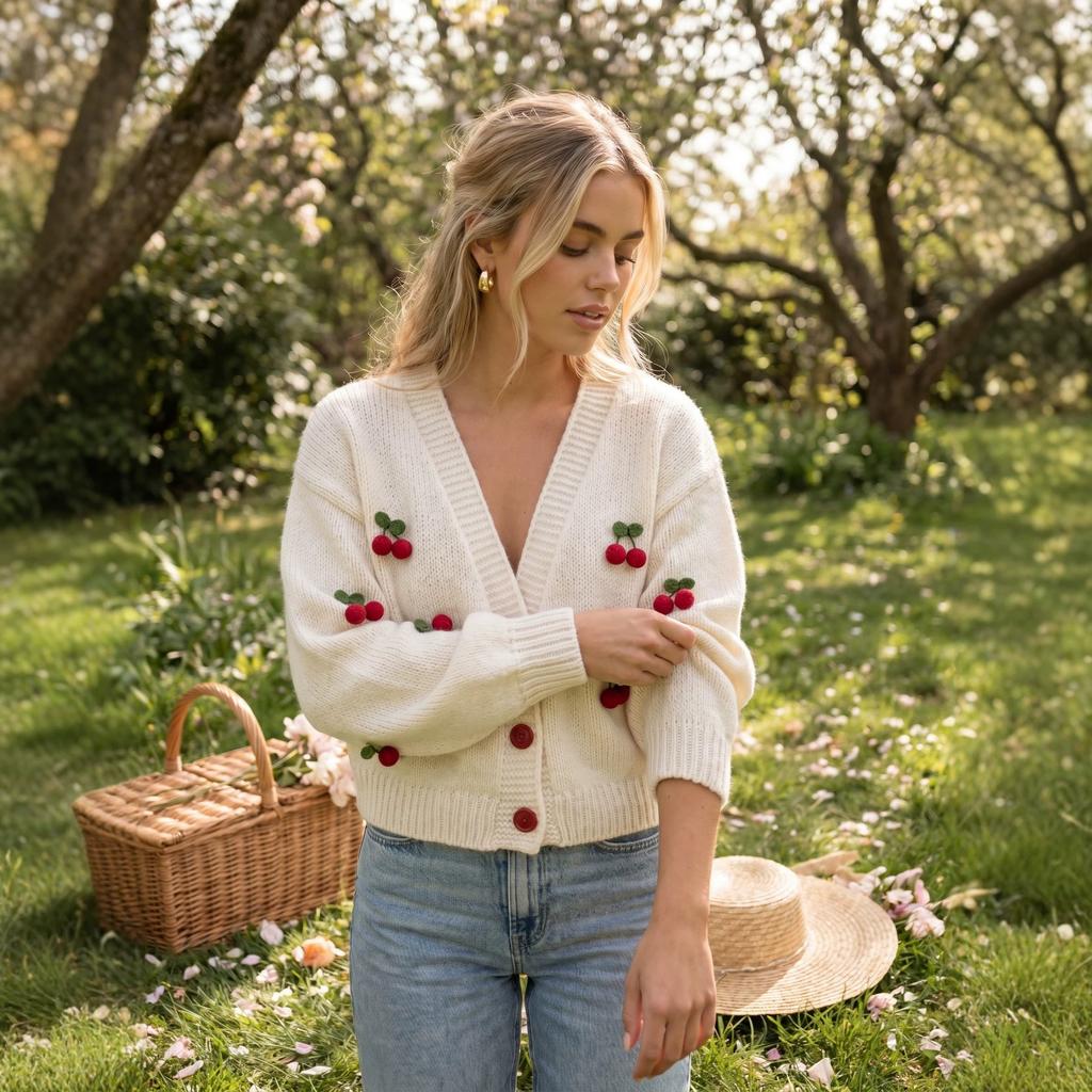 Women's Three-dimensional Cherry Decorated V-neck Knitted Cardigan Sweet Casual Top Commuter French Pastoral Knitted Jacket