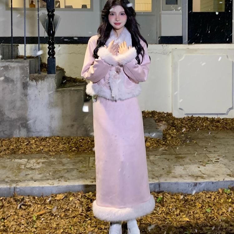 Winter Pink Warm Jacket Suits Korean Fashion Faux Fur 2 Piece Skirt Set Women Casual Y2k Blazers Coats + Mini Skirts Chic