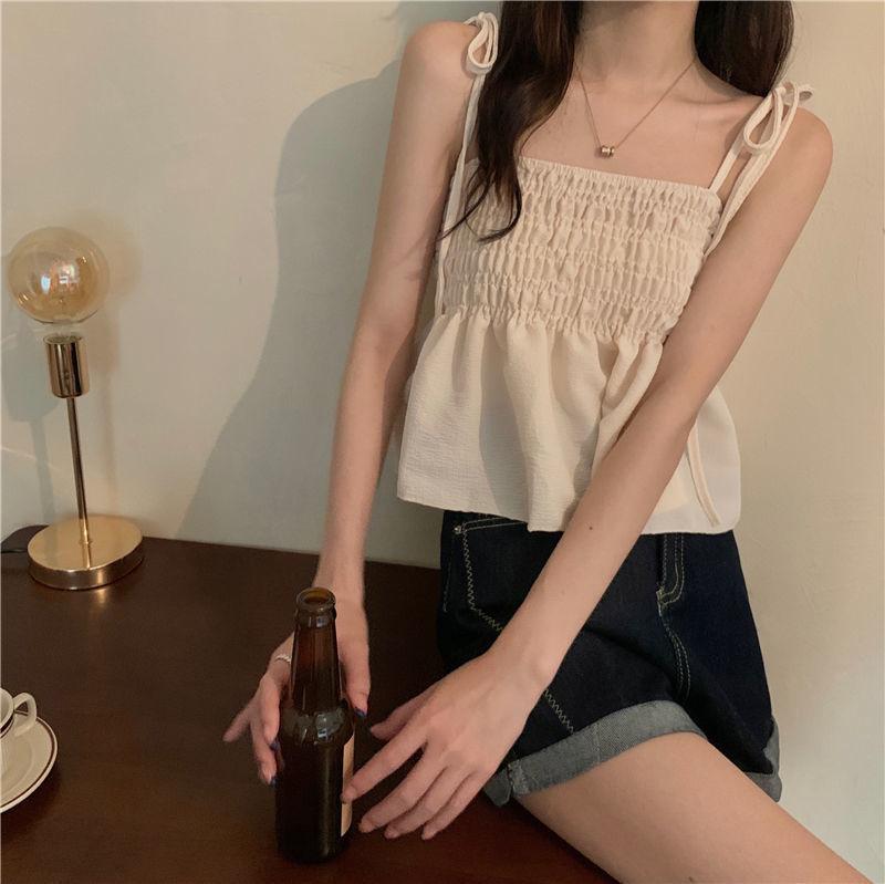 Camisole Women Pleated Y2k Summer Crop Tank Top Woman Sexy Tee Shirt Femme Short Cute Bandage Tanks Camis Skinny Tshirt Clothes