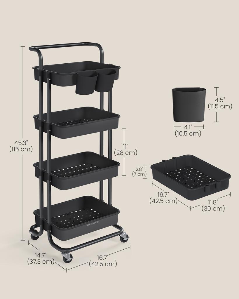 SONGMICS 4-Tier Storage Trolley, Rolling Trolley with Handle, 2 Small Organisers, Steel Frame, Steel Baskets, Utility Cart, Easy Assembly