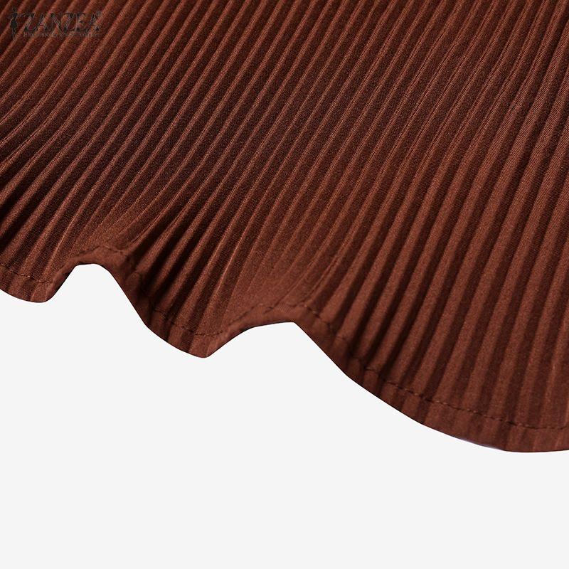 ZANZEA Women Casual Round Neck Loose Long Sleeve Pleated Long Dress