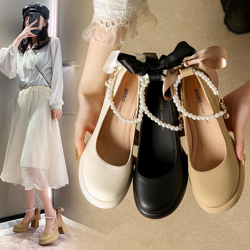 New pearl leather single shoes women's Korean version fairy style large size thick heel women's fashion bow size 43 high heels