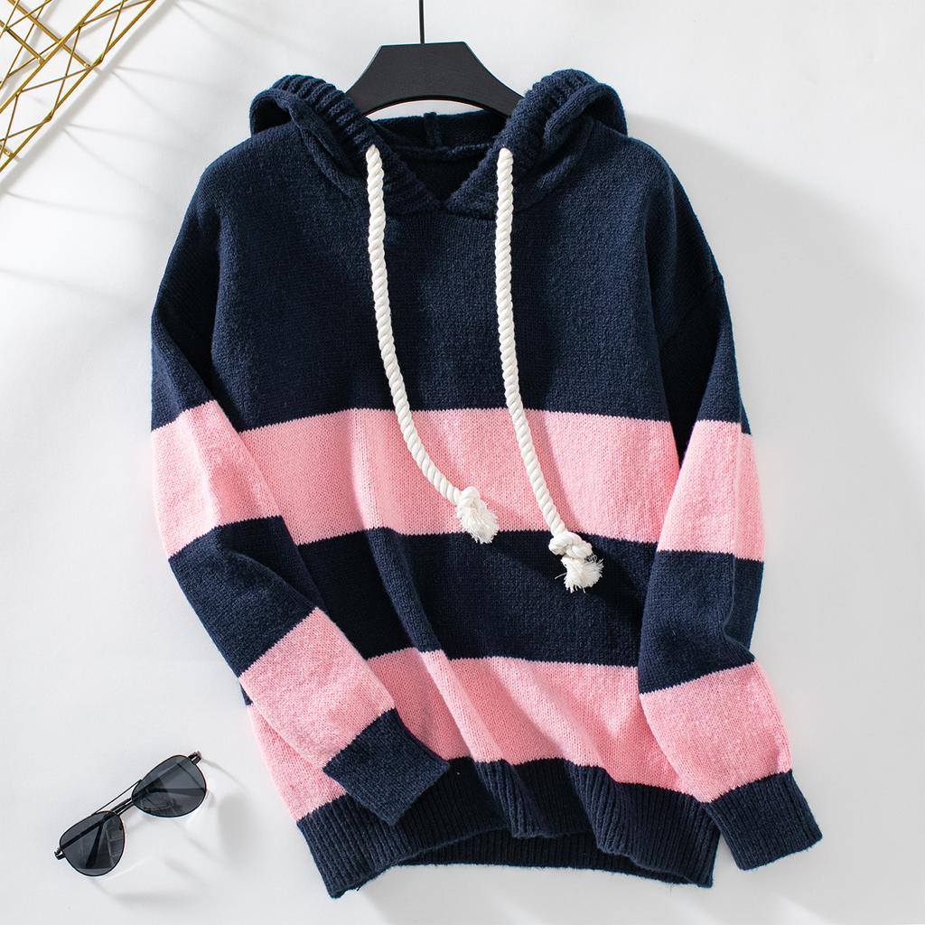 European and American hooded contrast color pullover sweater tops for women autumn and winter loose casual versatile women's sweater tops